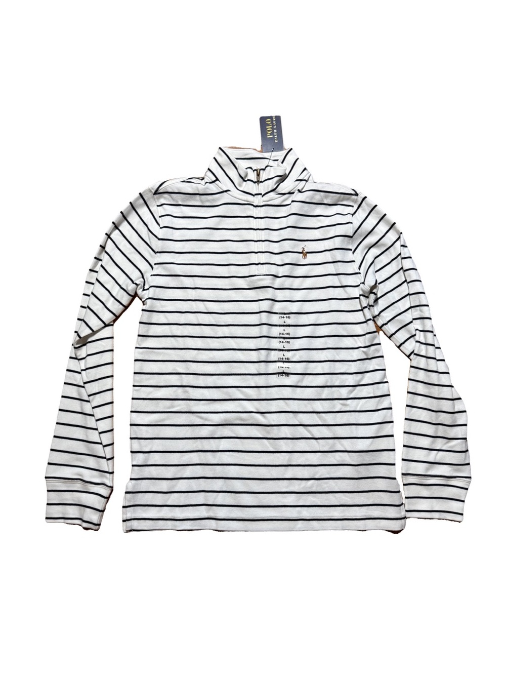 Ralph Lauren White & Black Striped Quarter Zip Pullover NWT Large 14/16